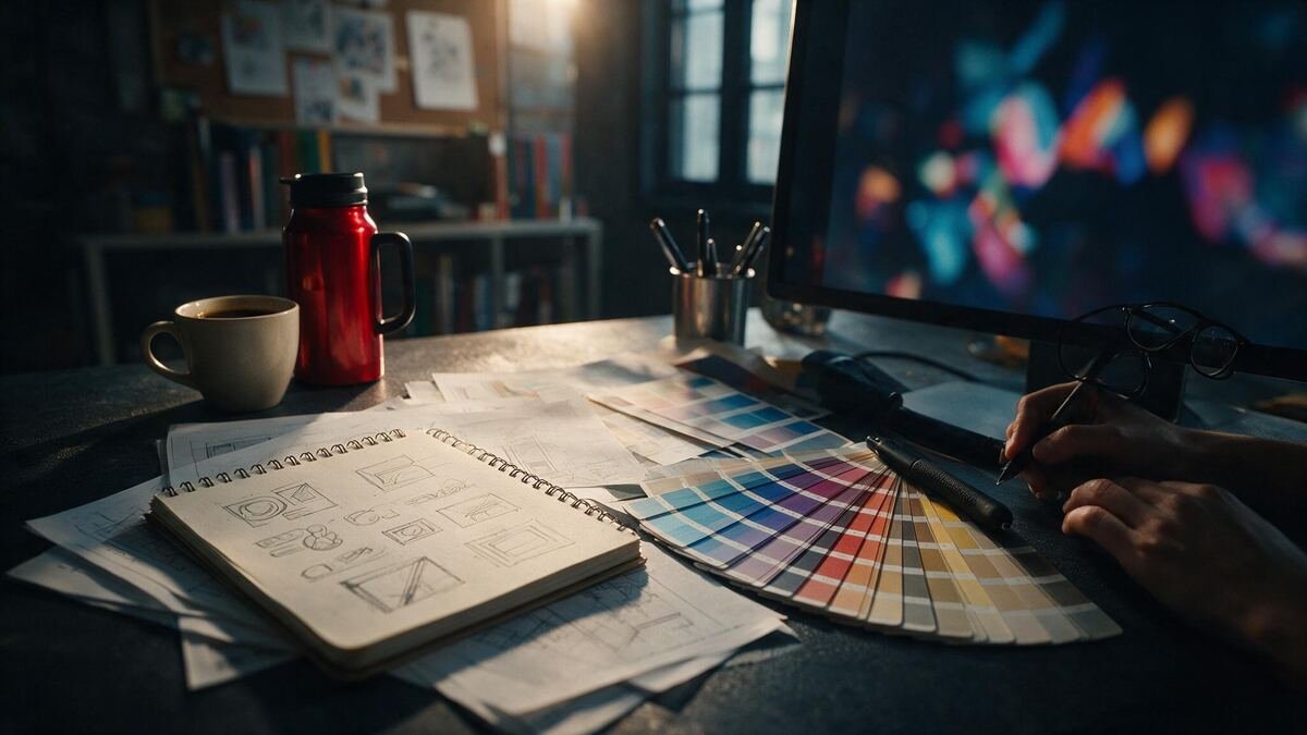 Carnet de croquis et nuancier ouverts sur un bureau, phase de conception d'un projet