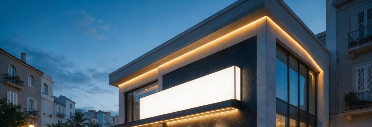 Caisson lumineux et bandeau LED sur la façade d'un bâtiment commercial moderne