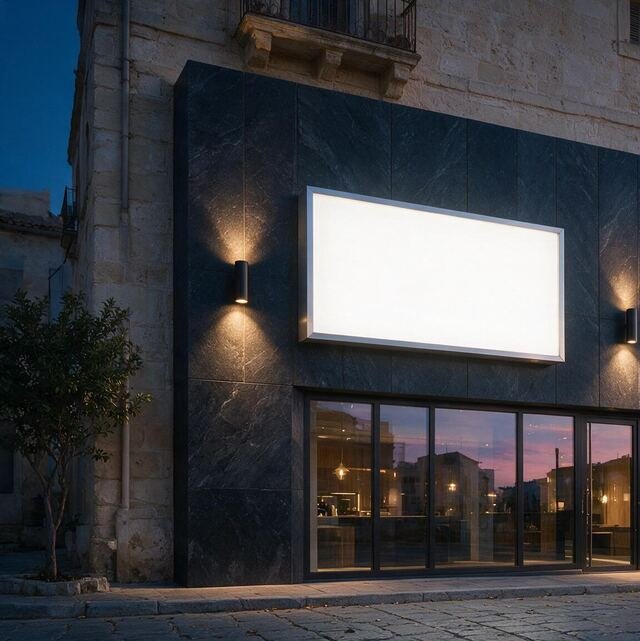 Enseigne lumineuse LED sur la façade en pierre sombre d'un commerce, à la tombée de la nuit