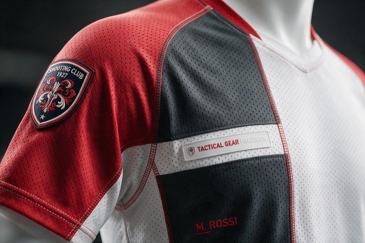 Détail d'un écusson brodé et d'un patch sponsor sur un maillot d'équipe de tir