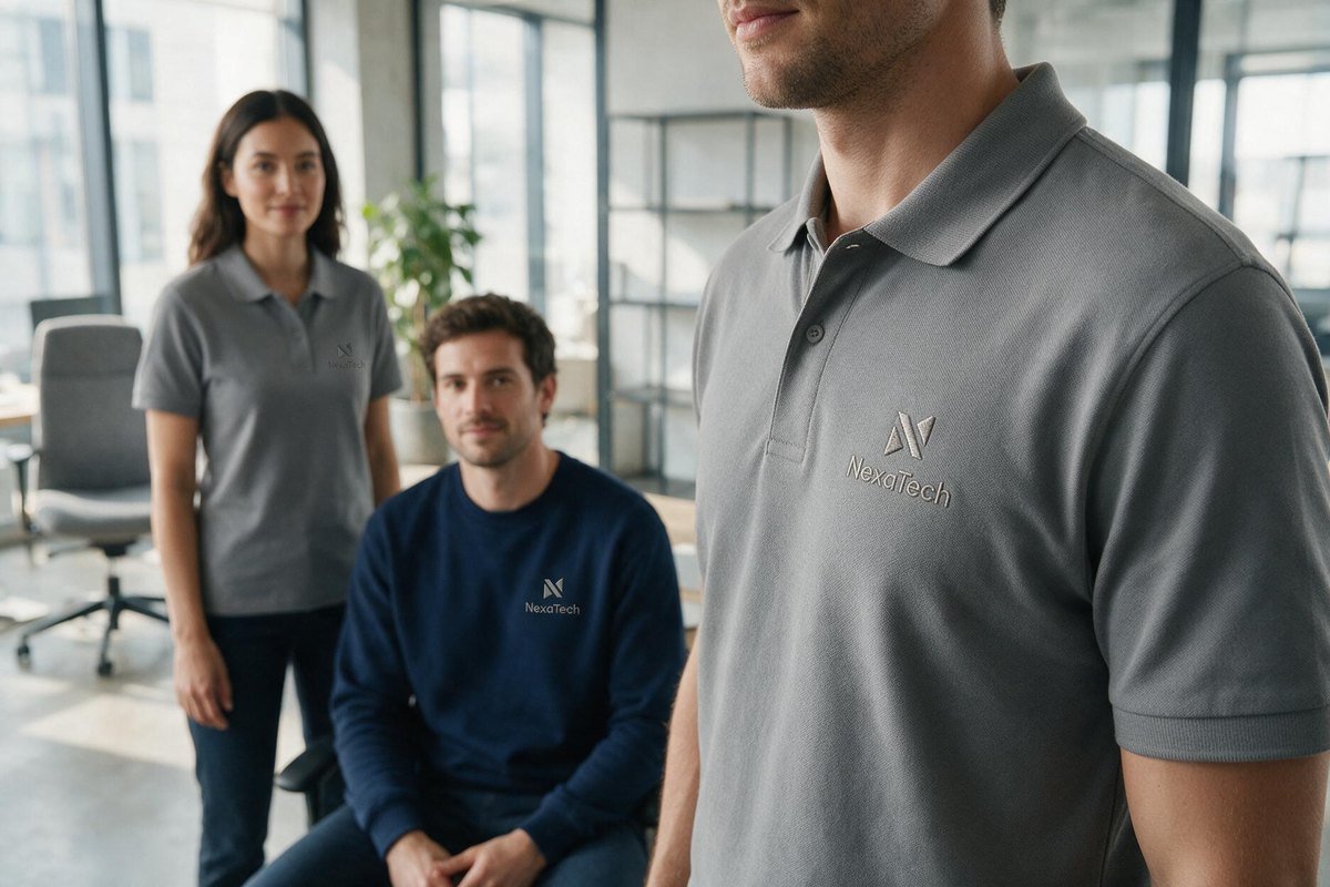 Collaborateurs d'une entreprise technologique en polos et sweats brodés du logo de la société