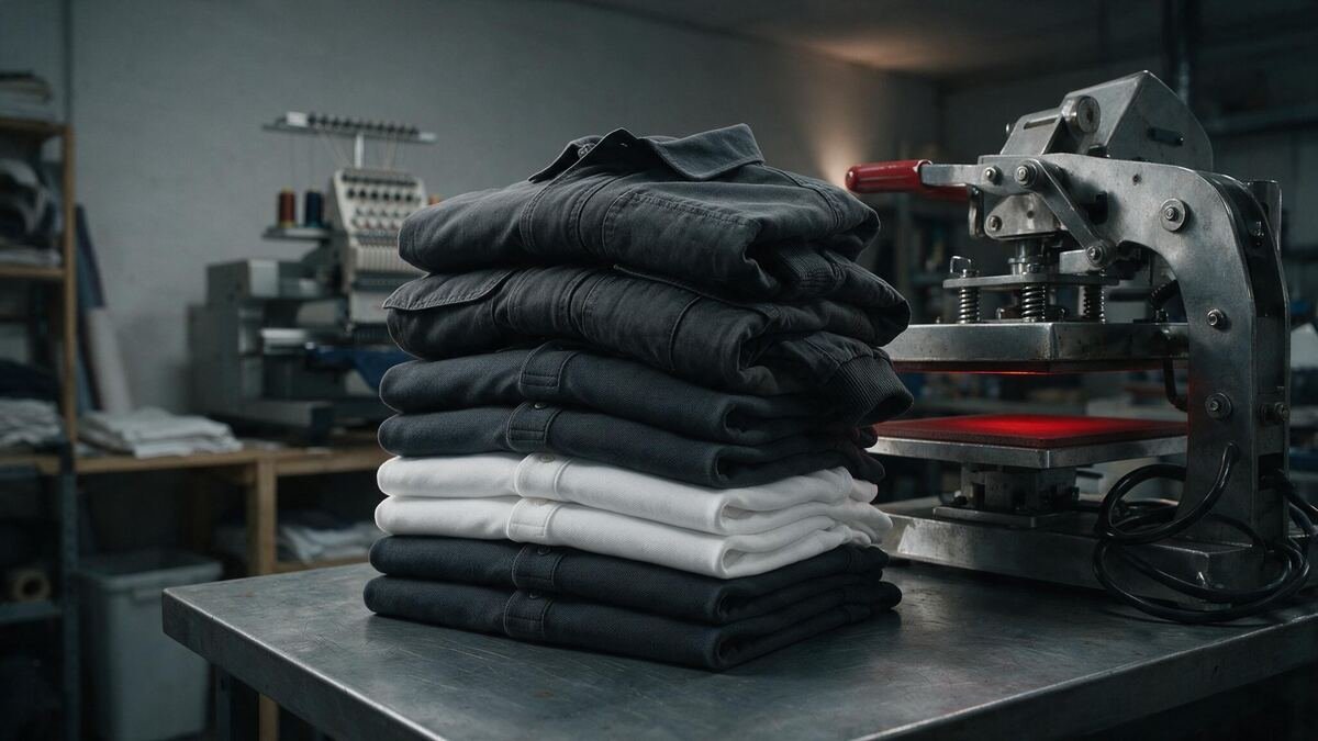 Piles de textiles professionnels et presse à transfert dans l'atelier de marquage textile