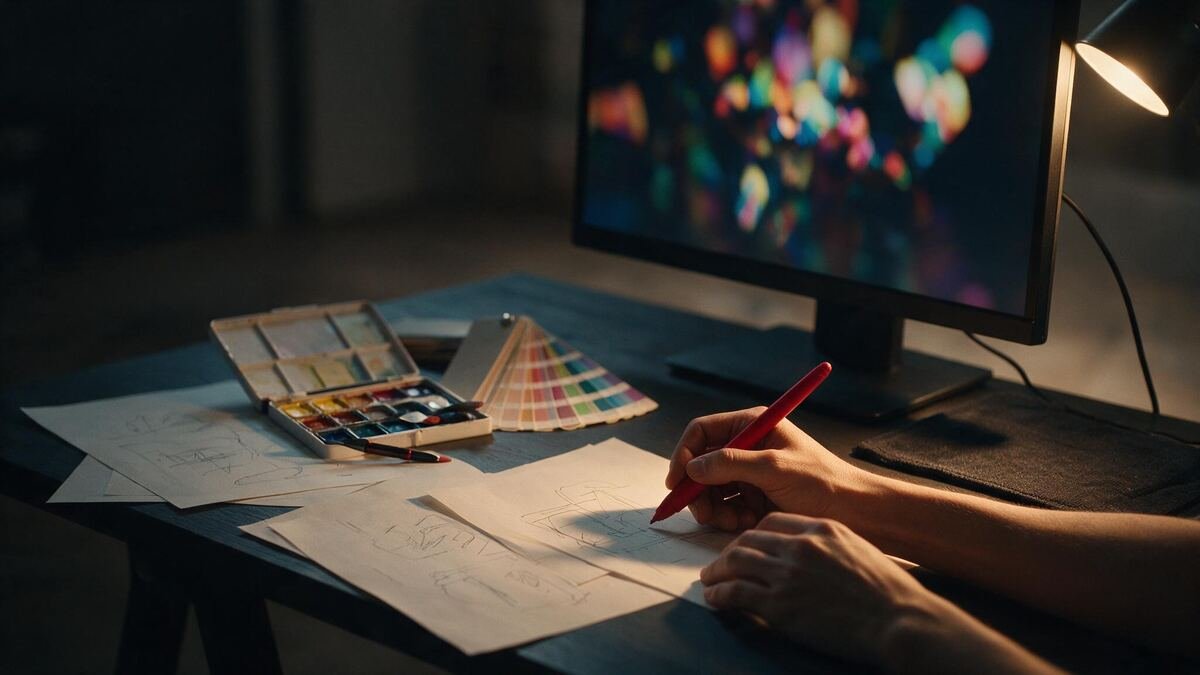 Nuancier déployé et croquis de charte graphique sur un bureau de designer