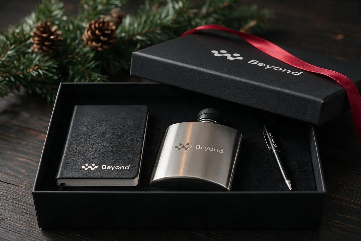 Coffret cadeau d'entreprise de fin d'année : gourde gravée, carnet et stylo personnalisés dans une boîte noire à ruban rouge