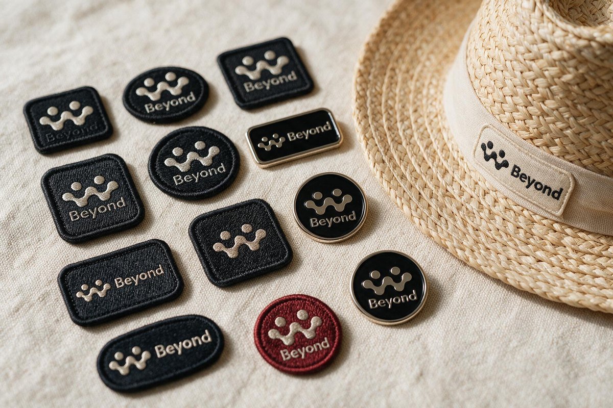 Écussons brodés et pin's émaillés personnalisés posés sur du coton naturel, avec un chapeau de paille marqué