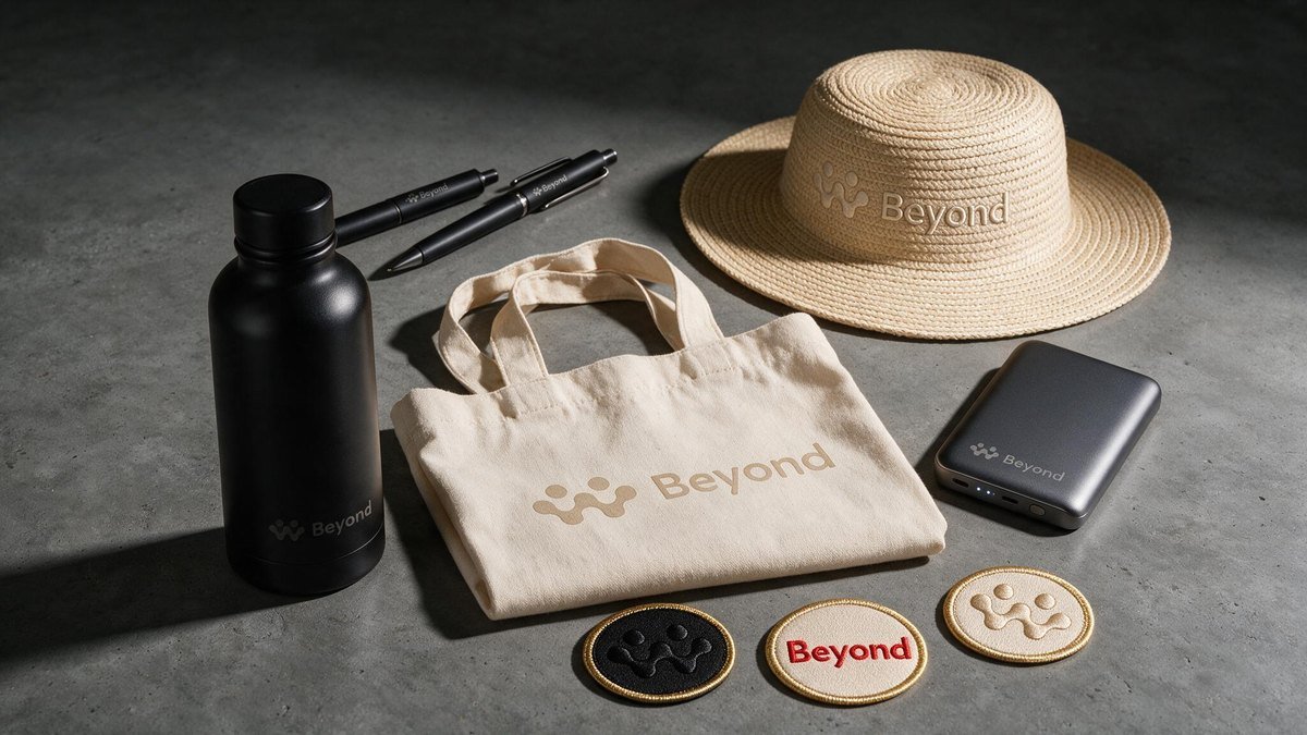 Objets publicitaires personnalisés : gourde isotherme gravée, stylos marqués, tote bag sérigraphié, chapeau de paille brodé, batterie externe et écussons