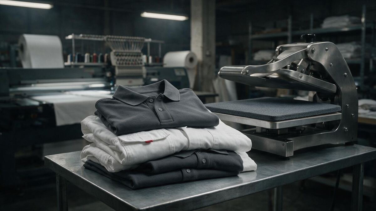 Polos d'entreprise pliés à côté d'une presse de marquage textile