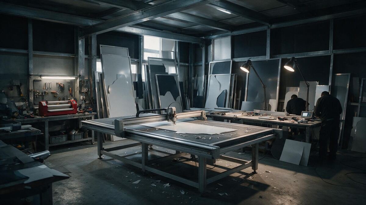 Table de découpe numérique et panneaux composites dans l'atelier de fabrication d'enseignes